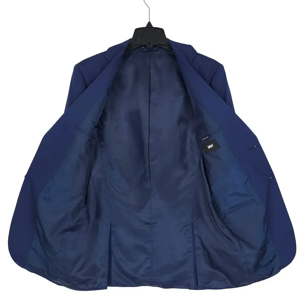 DKNY Mens Modern Fit 2 Piece Suit 38L 32x32 Blue Solid Birdseye Stretch NWT